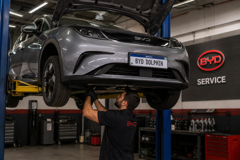 Carro elétrico durante inspeção de manutenção em oficina