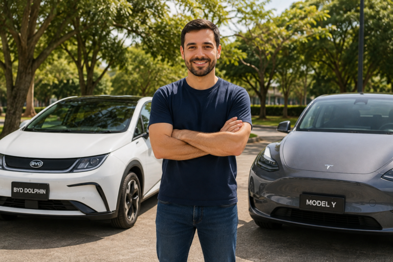 Carro elétrico sendo carregado em uma garagem residencial