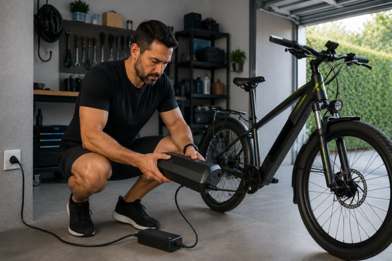 Bateria de bicicleta elétrica sendo carregada em residência