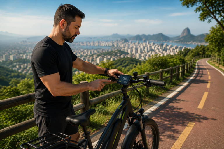 Bicicleta elétrica com bateria integrada em percurso urbano