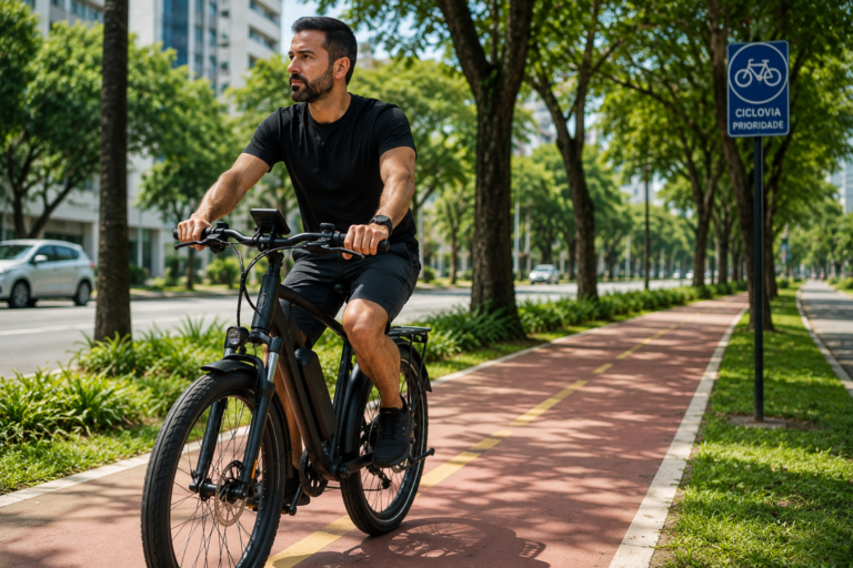 Bicicleta elétrica com pedal assistido circulando em ciclovia