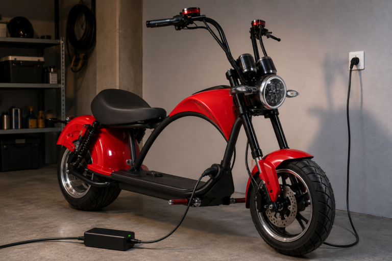 Moto elétrica sendo carregada em garagem residencial